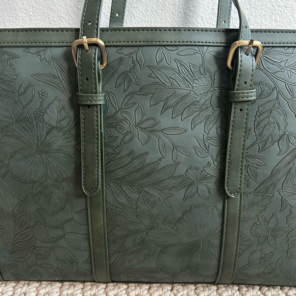 Leather Style Embossed Floral Forest Green Women's Tote Bag - Picture 5 of 15